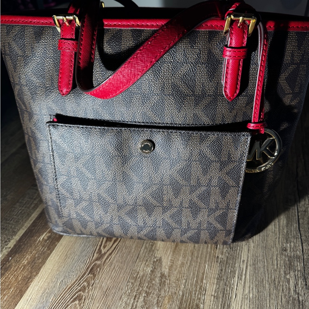 Michael Kors Dark Brown Tote with Red Accents